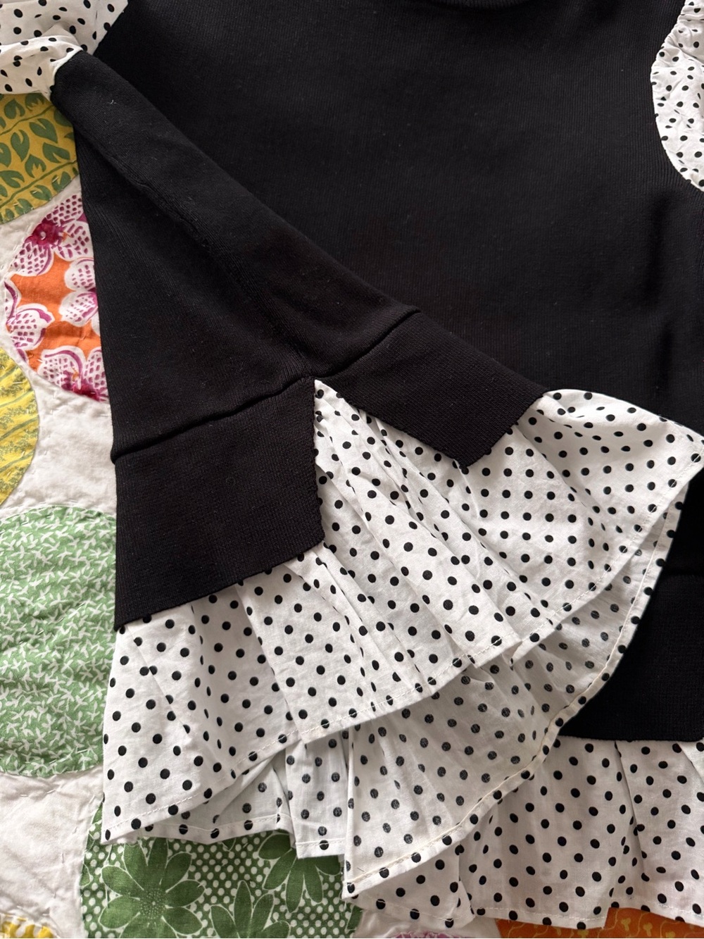 By Anthropologie Layered Poplin-Sleeve Polka Dot Mixed Media Sweater Top, M - Picture 12 of 13